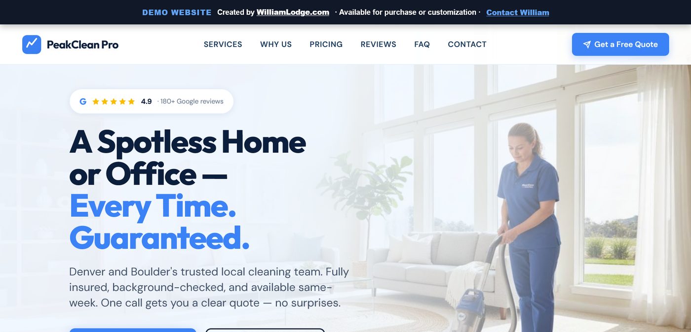 Screenshot of PeakClean Pro demo site