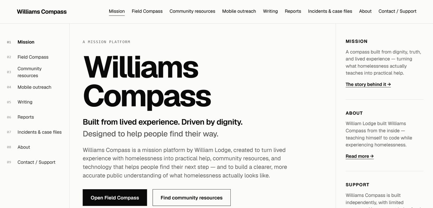 Screenshot of the Williams Compass homepage