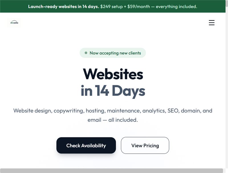 Screenshot of Arcadia Web Solutions — Productized Web Service