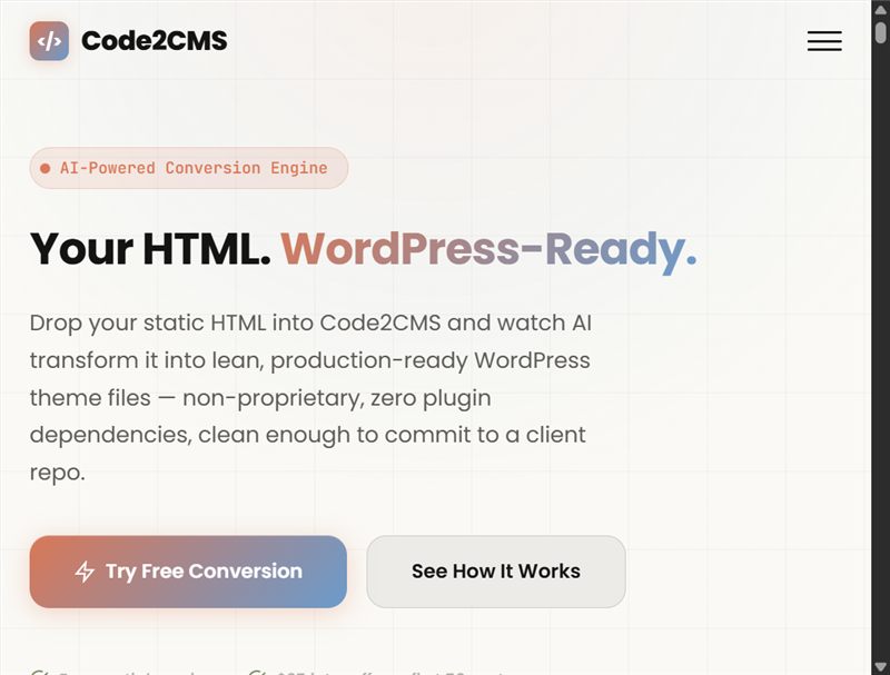 Screenshot of Code2CMS — AI / Web Conversion Tool
