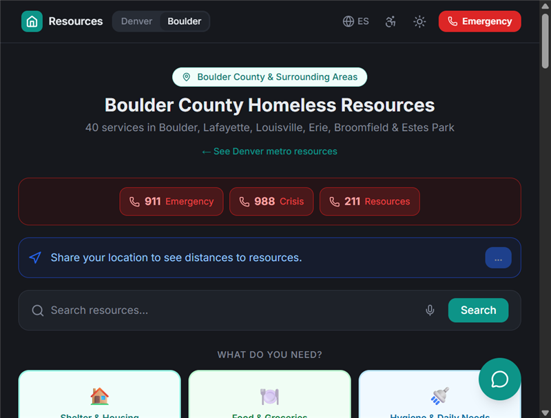 Screenshot of HomelessBoulder.com — Homelessness resource platform