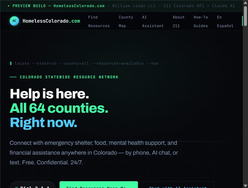 Screenshot of HomelessColorado.com — Statewide resource network
