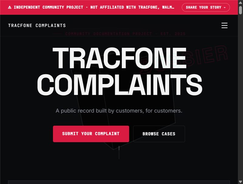 Screenshot of TracfoneComplaints.com — Consumer Advocacy Platform