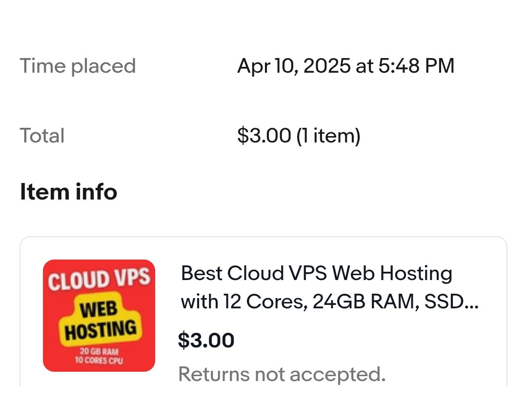 Cropped eBay receipt showing a three-dollar web-hosting purchase dated April 10, 2025.